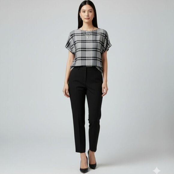 Silk Plaid Windowpane Short Cap Sleeves Round Neck Blouse by Mary Ann Restivo - Picture 1 of 10